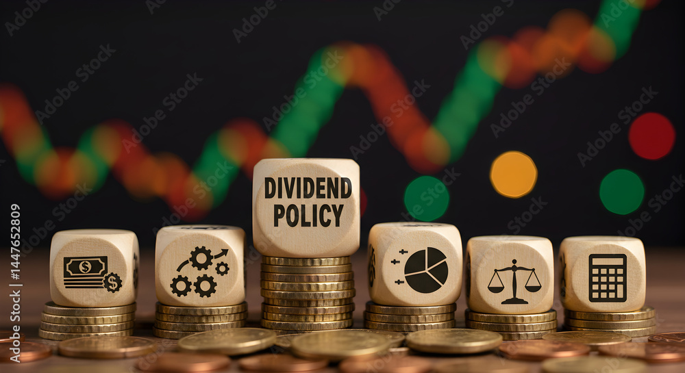 Poster dividend policy concept with wooden blocks on stacks of coins against blurred graph background repre