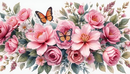 Pink Flowers and Butterflies Illustration
