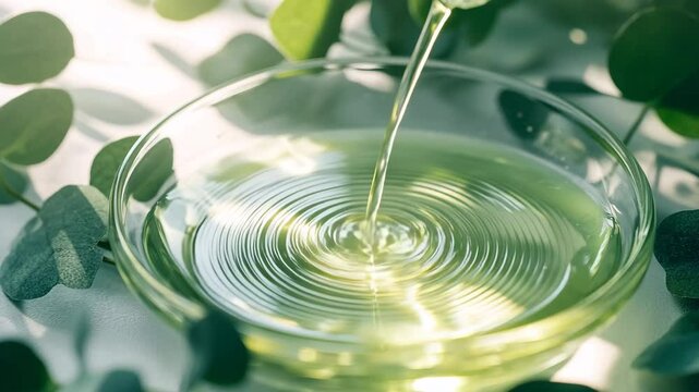 A close-up shot of herbal essential oil being poured into a clear glass dish, surrounded by fresh green eucalyptus leaves. The image conveys purity, wellness, and the natural essence of aromatherapy 