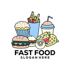 Colorful Fast Food Collection with Burger, Fries, Cupcake, and Pizza