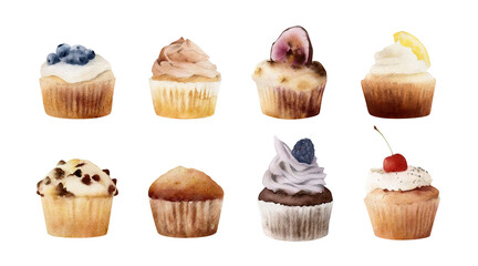 Cupcakes and muffins illustrations set – Hand-drawn watercolor sweet pastries for bakery, cafe menu, stickers, invitations