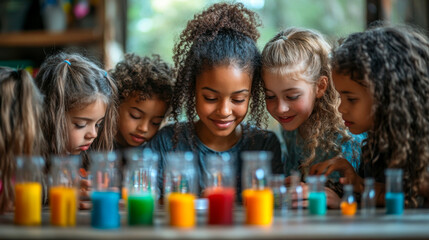 Group diverse young girls science experiment stem education learning teamwork classroom curiosity discovery