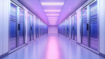Data Center Corridor: A captivating view down a sterile, futuristic server room corridor. Glowing purple lights illuminate the rows of sleek, metallic server racks.