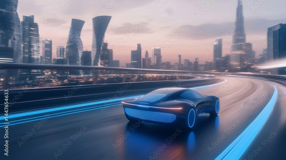 Aufkleber 近未来都市の高速道路を走る電気自動車 鮮やかなブルーの光が特徴の未来的な街並み