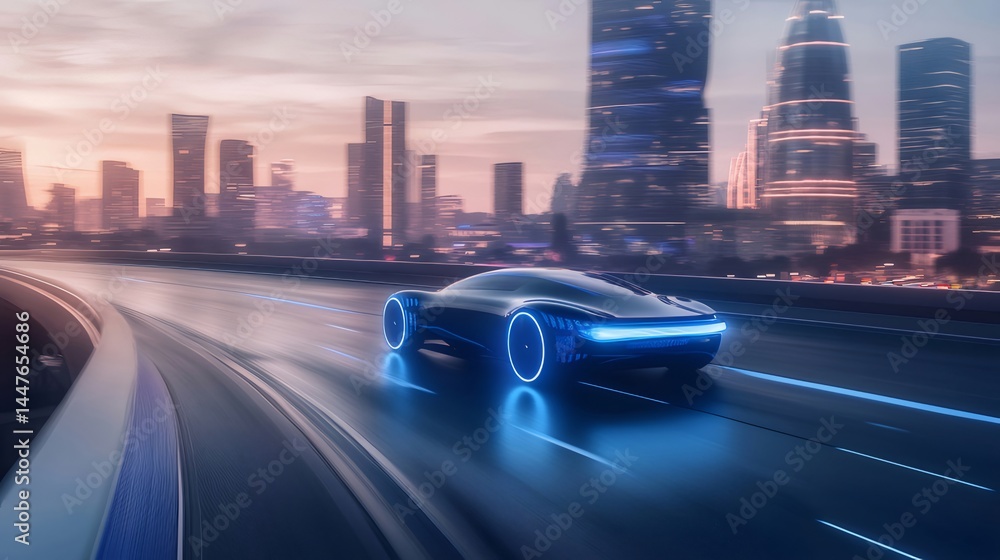 Poster 近未来都市高速道路を走行する青い光を放つ未来型自動車 夕焼け空と高層ビル群の背景