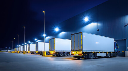 Refrigerated Trucks Loading at Frozen Food Factory Dockside Operations Nighttime Setting Industrial Environment