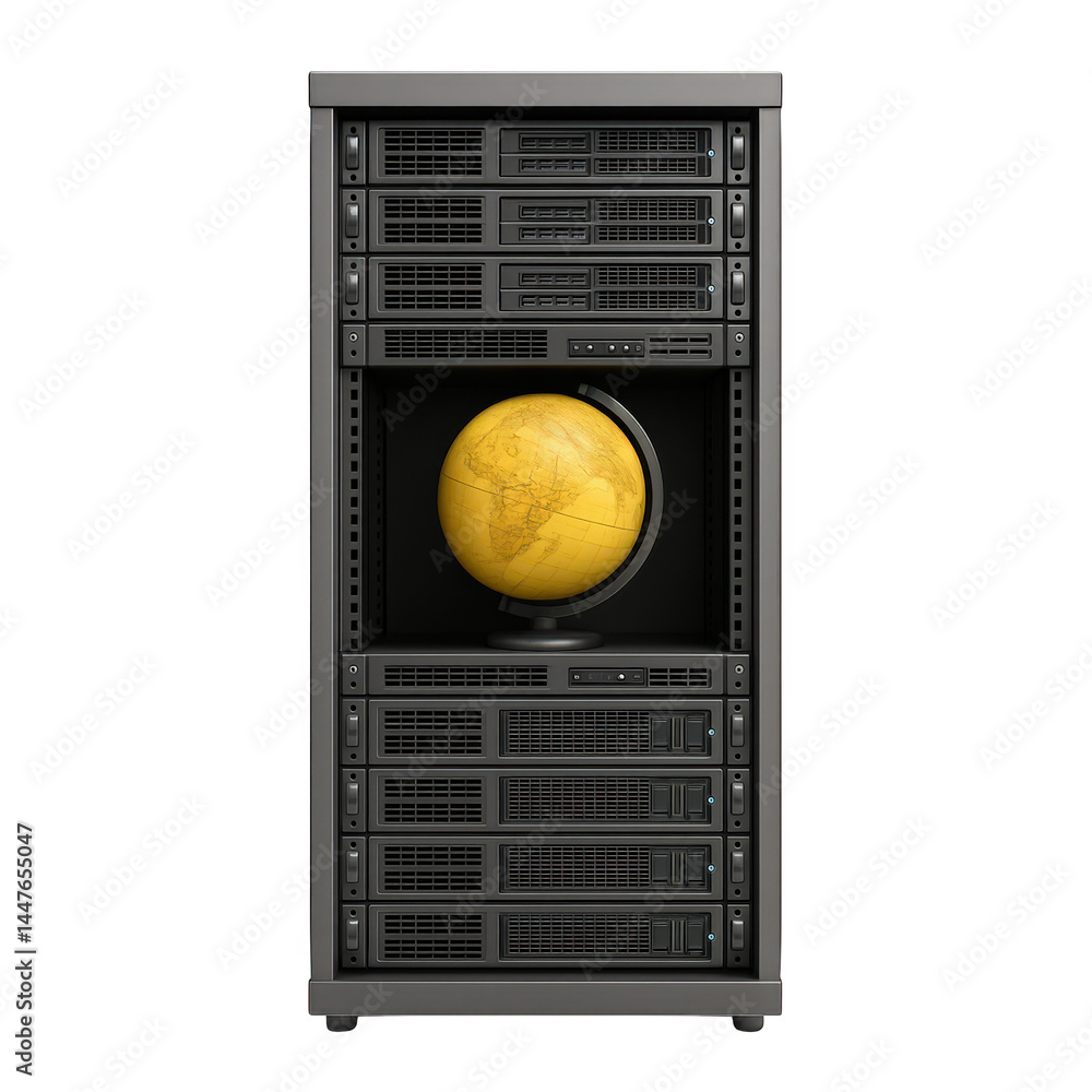 Poster miniature world globe placed inside a tall server rack cabinet, symbolizing global data networks and