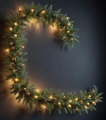 Elegant evergreen garland with glowing lights, seamless festive border ,  pine,  glitter,  xmas
