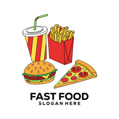 Classic Fast Food Combo Illustration with Burger, Fries, Pizza, and Drink