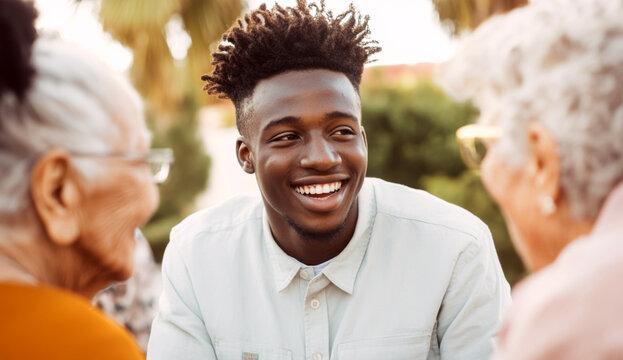 Armed Forces Day smiling african american male soldier in uniform greeting elderly woman outside home - Powered by Adobe