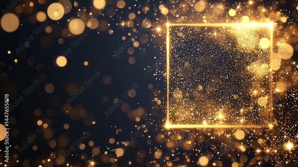 Poster golden frame sparkling on a dark background and a bokeh effect, creating a luxurious with festive at