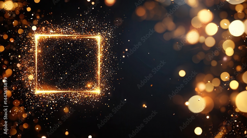 Poster a frame golden on sparkling dark background with a bokeh effect, creating a luxurious and festive at