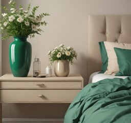 Emerald green bedding, beige nightstand, stylish vase with flowers ,  interior, bedroom,  fabric