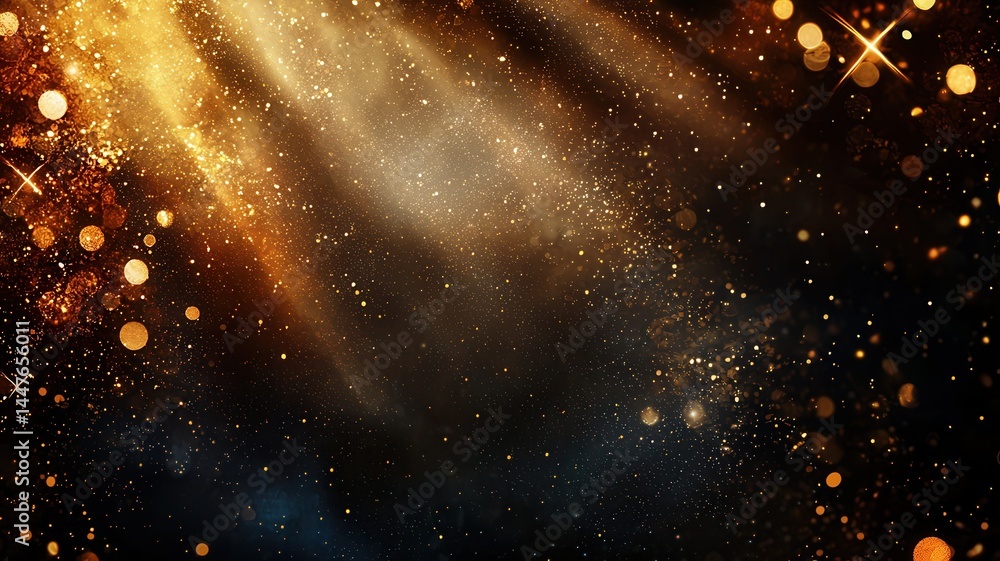 Poster golden light beams shining magical sparkling particles create a atmosphere and festive through on a 