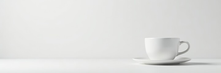 Close up of white cup on white background with copy space, minimalistic, blank