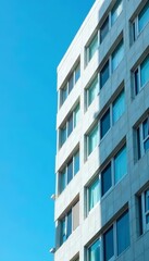 Obraz premium Close up of windows on a modern high rise building with blue sky background, high rise, reflection