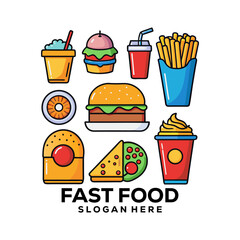 Colorful Fast Food Icon Set with Burgers, Fries, Drinks, Pizza, and Snacks