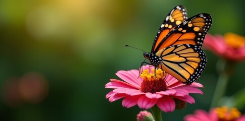 Obraz premium Close-up view of a monarch butterfly perched on a blooming flower, beauty, close-up