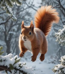 Fluffy red squirrel leaps through snowy branches, winter wonderland ,  snowdrift,  scene
