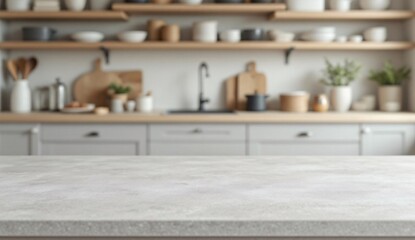 Flat matte pale grey table in focus with blur of Scandinavian pantry. Light wood, clean shelves, and subtle natural lighting create a calm and modern look.