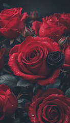 Luxurious dark red rose in full bloom macro shot.