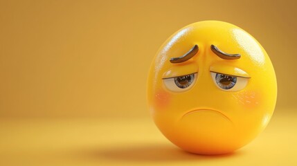 Fototapeta premium Sad emoji illustration, round yellow face with downturned mouth and tired eyes