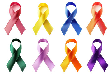 Colorful awareness ribbons collection set displayed in isolated transparent PNG format on a white background