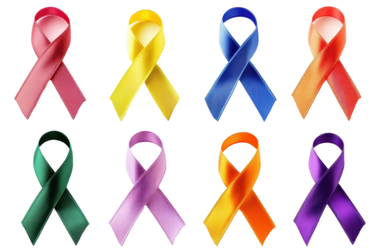 Colorful awareness ribbons collection set displayed in isolated transparent PNG format on a white background