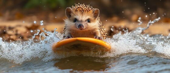 Hedgehog gripping mini surfboard, riding gentle ripple