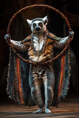 Lemur in beaded cape twirling spotlight hoop