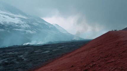 A remote volcanic landscape with contrasting red terrain and icy peaks, evoking the stark beauty of desolation and adventure.