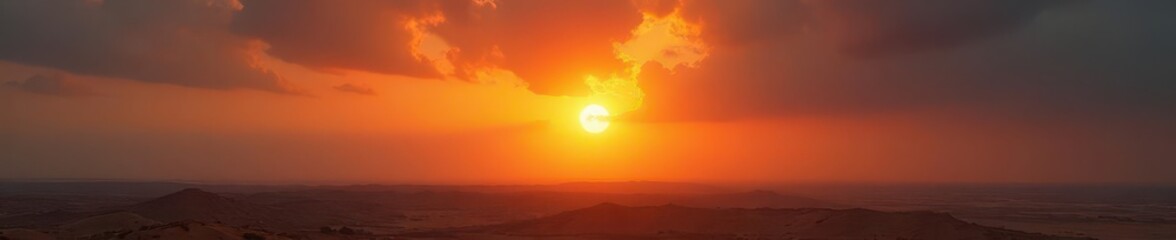 Fototapeta premium Dusty orange sunset, grey clouds heavy with earth , landscape, illustration