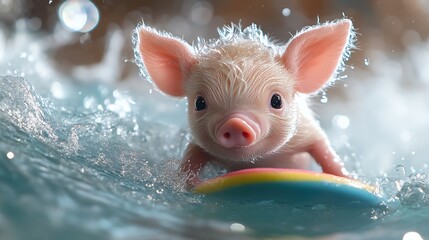 Piglet surfing foam wave on rainbow board