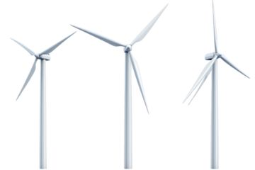 Collection of wind turbines in different styles shown in transparent PNG image with white background