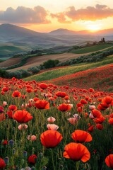 Rolling hills covered with poppy flowers, sunset colors