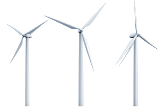 Collection of wind turbines in different styles shown in transparent PNG image with white background