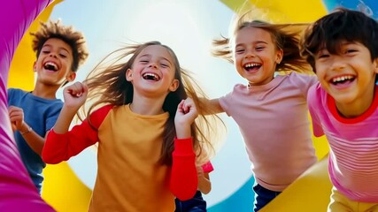 Joyful children laughing and playing outdoors under vibrant parachute - Powered by Adobe