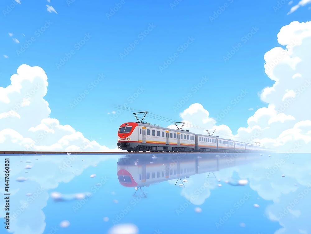 Aufkleber 青空の下 疾走する電車 鮮やかな色彩とコントラスト 水面と雲の調和 爽快感のある風景