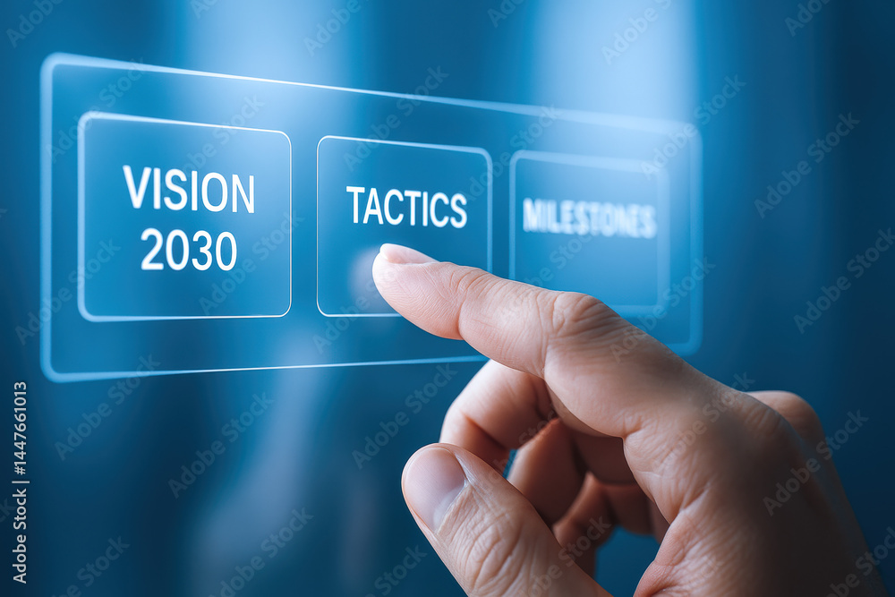 Poster a closeup view fingers interacting with a translucent interface featuring tabs labeled vision 2030 t
