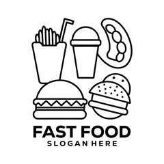Modern Line Art Fast Food Icon Set with Burger, Fries, Drink, and Hotdog