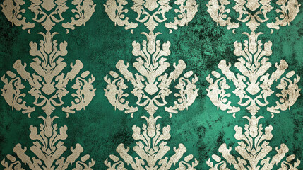 Green background with off-white damask pattern, textured appearance suggesting antique wallpaper or fabric, ideal for elegant design projects or background