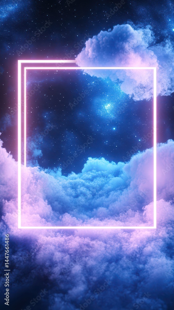 Canvas Prints neon frame floating on cloud: an eye-catching neon frame suspended amid a sea of fluffy clouds. the 