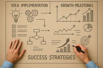 This illustrates various success strategies emphasizing idea implementation and growth milestones highlighting effective planning for business improvement