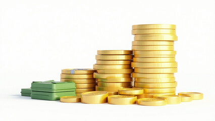 3D Render of Gold Coins and Cash Bundles on Transparent Background – Finance & Investment Concept