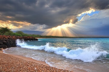 Dramatic sunset over ocean waves crashing on a pebbled beach.  Sunbeams pierce dark clouds