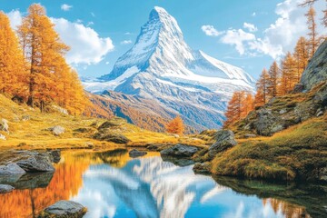 Obraz premium Majestic snow-capped peak reflected in a serene autumnal lake, surrounded by golden larches