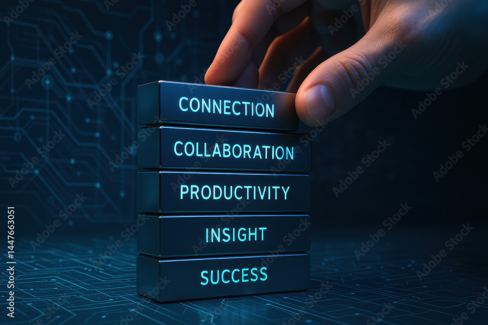 Poster a strategically arranges labeled blocks symbolizing connection collaboration and productivity illust
