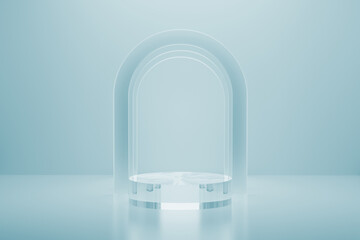 3D realistic cylindrical podium background of transparent glass, mockup, 3d rendering. Pastel blue scene, light shining arch. Geometric style. Minimalist stage, display product, showcase platform.