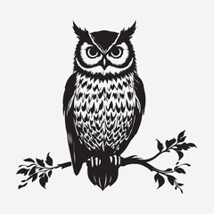 Cute owl with big eyes sitting on a tree branch at night.