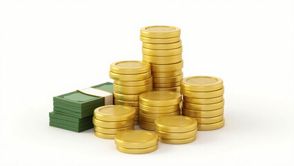 3D Render of Gold Coins and Cash Bundles on Transparent Background – Finance & Investment Concept
